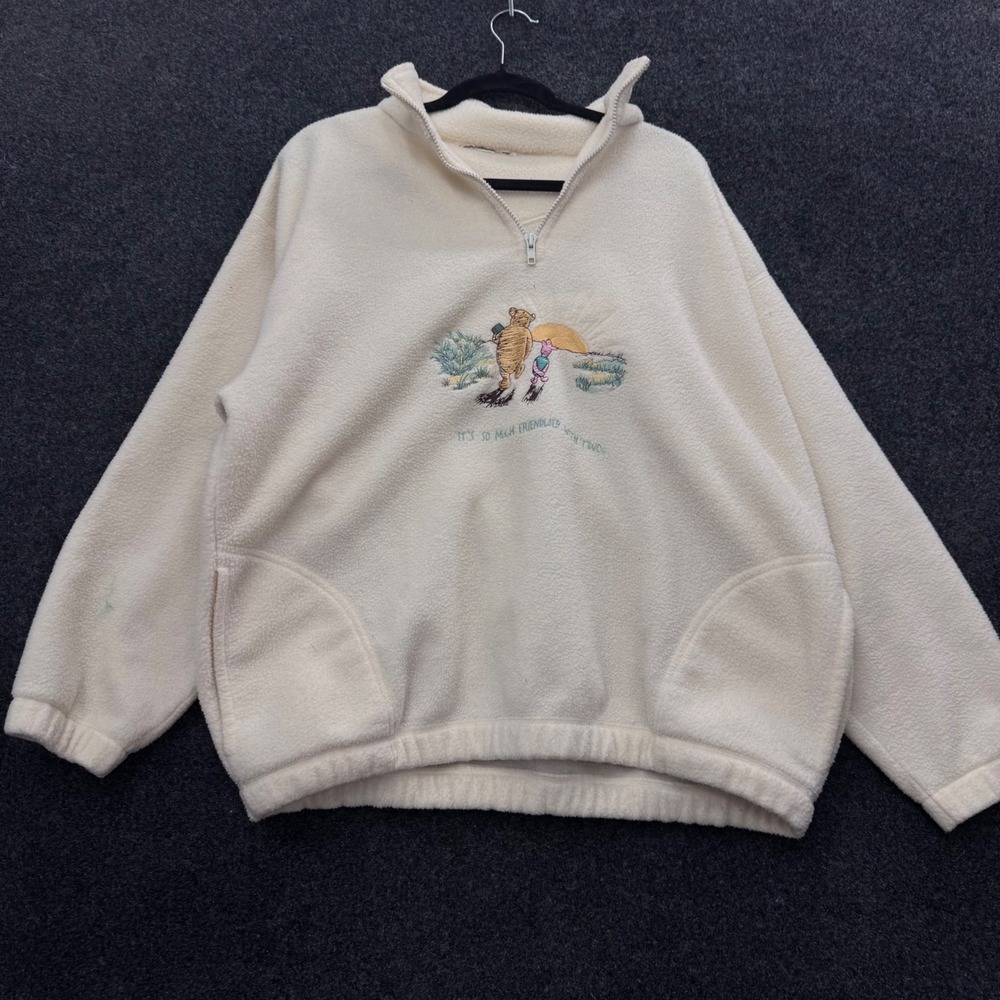 Vintage Disney Winnie the Pooh Piglet Fleece Pullover Cream Quarter Zip Large